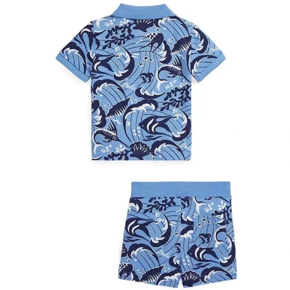 Blue Patterned Polo Shirt and Shorts Set - Picture 4 of 4
